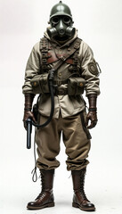 Obraz premium Post apocalyptic survivor wearing gas mask and holding weapon
