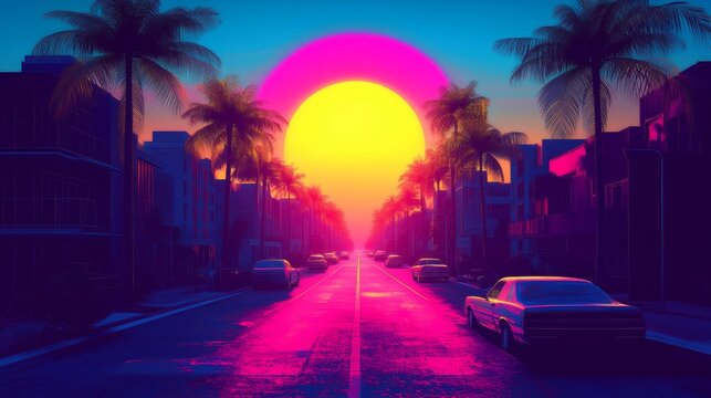 Wallpaper featuring Miami streets, neon, thugs, and cars - Vice City