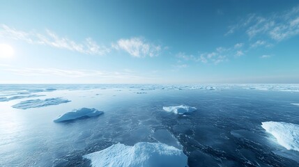 Obraz premium Arctic ice floes and cracked sea ice under a clear blue sky, with a vast white landscape and fragmented ice surface in a cold polar region, showcasing climate change.