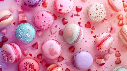 Close up of colorful love macaron background, top view. Photorealistic high resolution macro photography for advertising or food design