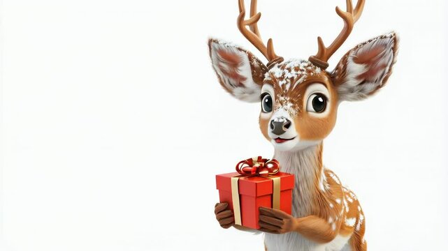 christmas deer isolated on white with gift box