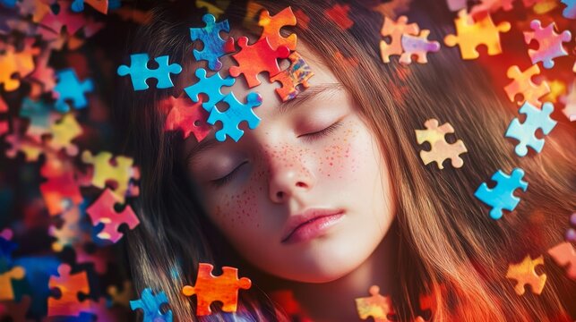 A child's head with puzzlepieces showing ADHD, attention deficit hyperactivity disorder, and autism.