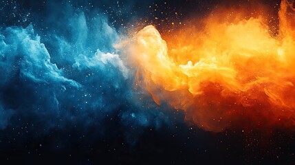 Obraz premium The abstract orange and blue splash background offers space for additional content and vibrant color contrasts.