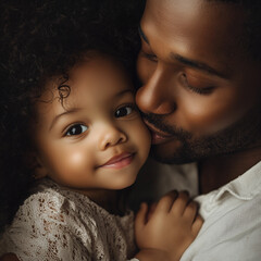 Close up portrait of afroamerican father kissing his small daughter