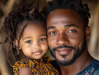 Close up portrait of afroamerican father and his small daughter. 