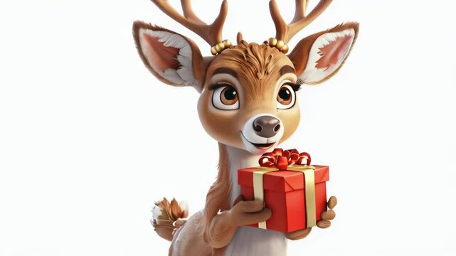 christmas deer isolated on white with gift box