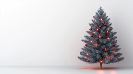 Decorated Christmas tree with red ornaments and lights, white isolated background.