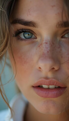 Close-up of a young woman's face, with a soft focus on her lips and nose. The skin appears to have some blemishes, acne or texture, and the background is a muted teal color