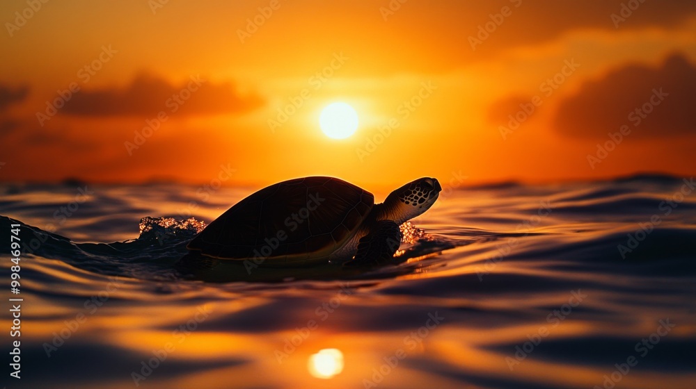 Poster a serene sunset view of a sea turtle silhouette against the orange glow of the setting sun as it swi