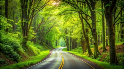 A peaceful road winding through a lush green forest setting, nature, trees, foliage, pathway, scenic, peaceful, tranquil