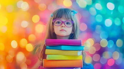 Happy schoolgirl with colorful textbooks in a back-to-school girl portrait concept image