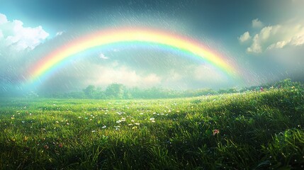 Naklejka premium Vibrant Rainbow Over Lush Green Landscape