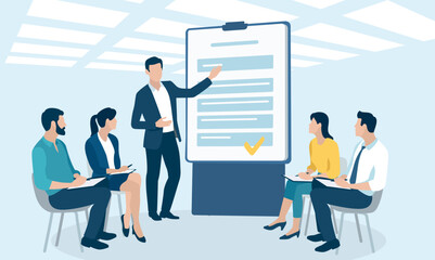 Presentation, education, learning. Checklist. Business illustration. The business team listens to the male teacher. 