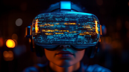 A person wearing a futuristic virtual reality headset, surrounded by glowing digital elements, immersed in a high-tech environment.