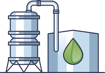 Illustration of a biofuel refinery with a distillation column and storage tank, symbolizing renewable energy production.