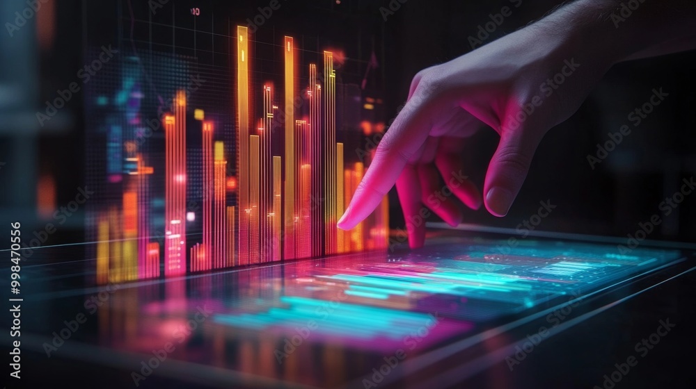 Aufkleber A side view of a hand interacting with a touchscreen displaying a 3D financial bar graph, with vibrant colors and metrics popping up, capturing the essence of modern data visualization.