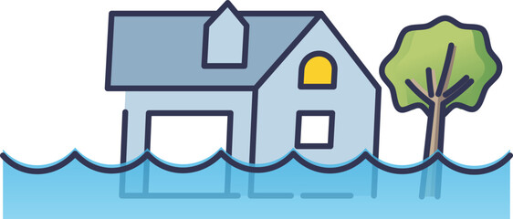 Illustration of a house partially submerged in floodwater, symbolizing flood damage and natural disasters.