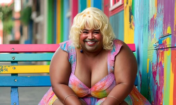 Transgender Person Expressing Delight on Multicolored Bench: LGBTQ+ Happiness