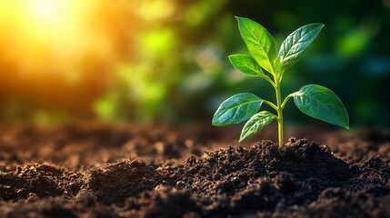 Fototapeta premium A small green plant sprouts from rich soil, illuminated by warm sunlight, symbolizing growth and the beauty of nature.