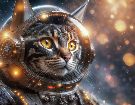 Portrait serr&eacute; amusant d'un chat cosmonaute en combinaison spatiale 