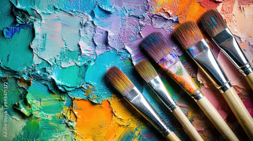 Aufkleber brightly colored paints lie on a palette beside paintbrushes, embodying the creative process of maki