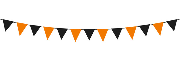 Halloween bunting flags black and orange colour isolated on white background. Vector element for halloween concept for postcard, flyer or banner.