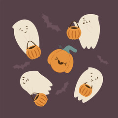 Fototapeta premium Happy Halloween set. Cute collection of spooky ghost, funny pumpkin and bats. Vector Halloween elements for postcard, flyer or banner.