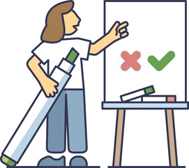 Illustration of a person presenting on a whiteboard with a large marker, showing a red cross and a green check mark.