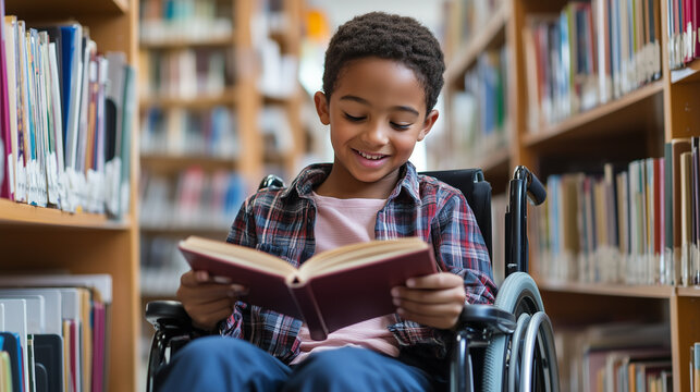 Joyful and Engaged Young Disabled Afro-American School Student in Wheelchair Immersed in Reading a Library Book