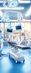 Modern operating room with surgical table and medical equipment.