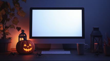 Computer Mockup screen and a cup on a table , the template features a computer blank white screen on Halloween day.