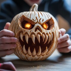 A spooky carved pumpkin with glowing eyes and sharp teeth, perfect for Halloween decorations and fall festivities.