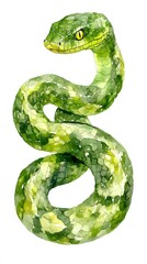 Naklejka premium Watercolor Painting of a Green Snake on White Background, Abstract Image, Texture, Pattern Background, Wallpaper, Cover and Screen of Smartphone, PC, Laptop, 9:16 and 16:9 Format