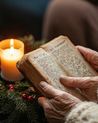 Elderly hands holding a well-worn family Bible, Advent wreath with one lit candle in soft focus foreground