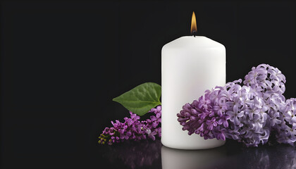 Burning candle and lilac flower isolated on black background with copy space. Sympathy card