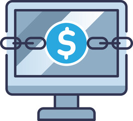 A computer screen with a dollar sign and chains symbolizes ransomware and financial extortion.