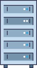 Illustration of a server rack with multiple server units, representing data storage and network management.
