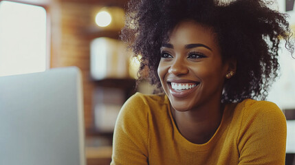 Happy african American woman working remotely on a virtual video team meeting call, remote work and flexible culture concept. Inclusive and diverse workplace. DEI remote working. AI generated