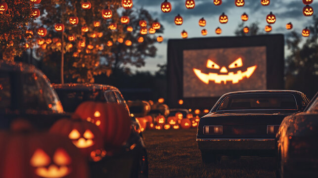 Halloween drive-in movie night with cars parked under a sky of jack-o-lanterns