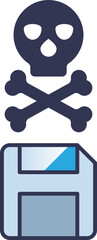 Skull and crossbones above a floppy disk symbolizing a computer virus threat to data storage.