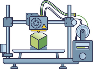 Illustration of a 3D printer creating a green cube, symbolizing innovation and modern manufacturing technology.
