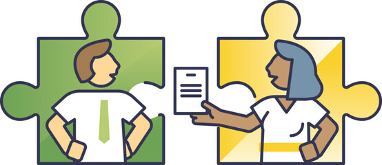 Two people exchanging a document, symbolizing teamwork and collaboration, with puzzle pieces in the background.