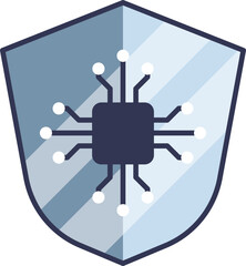 Shield with a microchip symbolizing protection against digital threats, representing antivirus software.