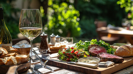 Luxury concept of summer lunch on a beautiful terrace or in outdoor cafe Amazing lunch or dinner with beef meat dish classic nicoise salad cold soup fresh bread and glass of white wine : Generative AI