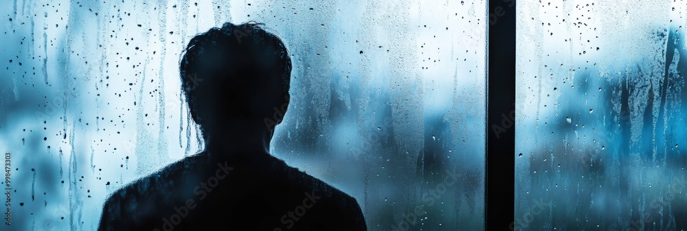Poster A person stands alone, looking out at the rain trickling down the window, enveloped in a mood of introspection and solitude. Generative AI