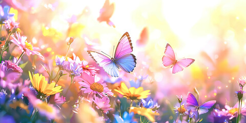 A colorful field of flowers with three butterflies flying around