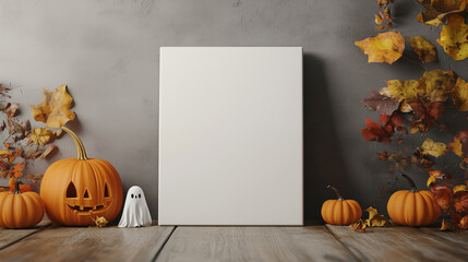Halloween Canvas mockup for a poster or invitation advertising ,this template features a canvas on a wooden table with pumpkins and ghosts. 