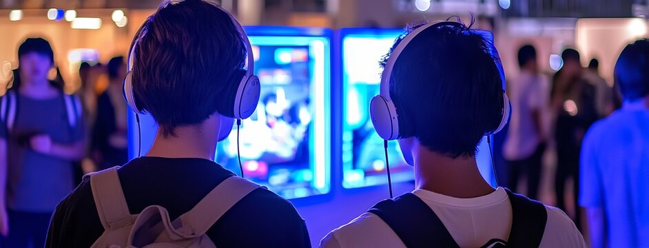 The video shows two people playing a video game at an event, with dramatic lighting effects, tilt shift techniques, and breathtaking backdrops.