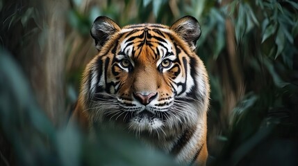 Close-up of a Tiger in Lush Foliage