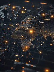 Fototapeta premium A detailed digital map of the world features illuminated connections and data points, representing global networks and communication, Ideal for technology, travel, or data visualization projects,